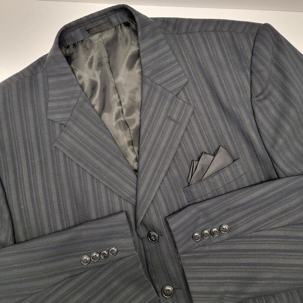Vitaliano Super 150s Cloth Mens Black Pin Stripe 4 Button Suit Blazer 44R/37W